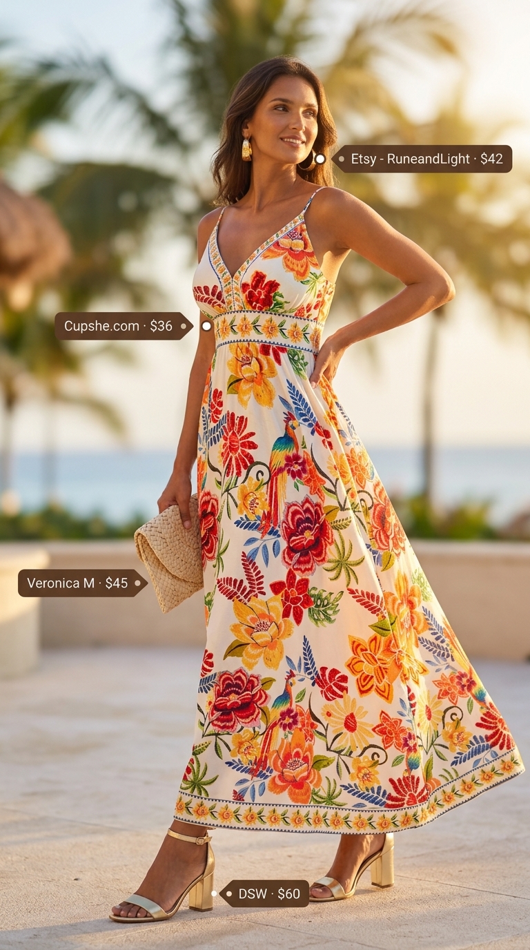 Tropical floral maxi dress, gold sandals, statement earrings for a glamorous summer beach outfit for women 2026.