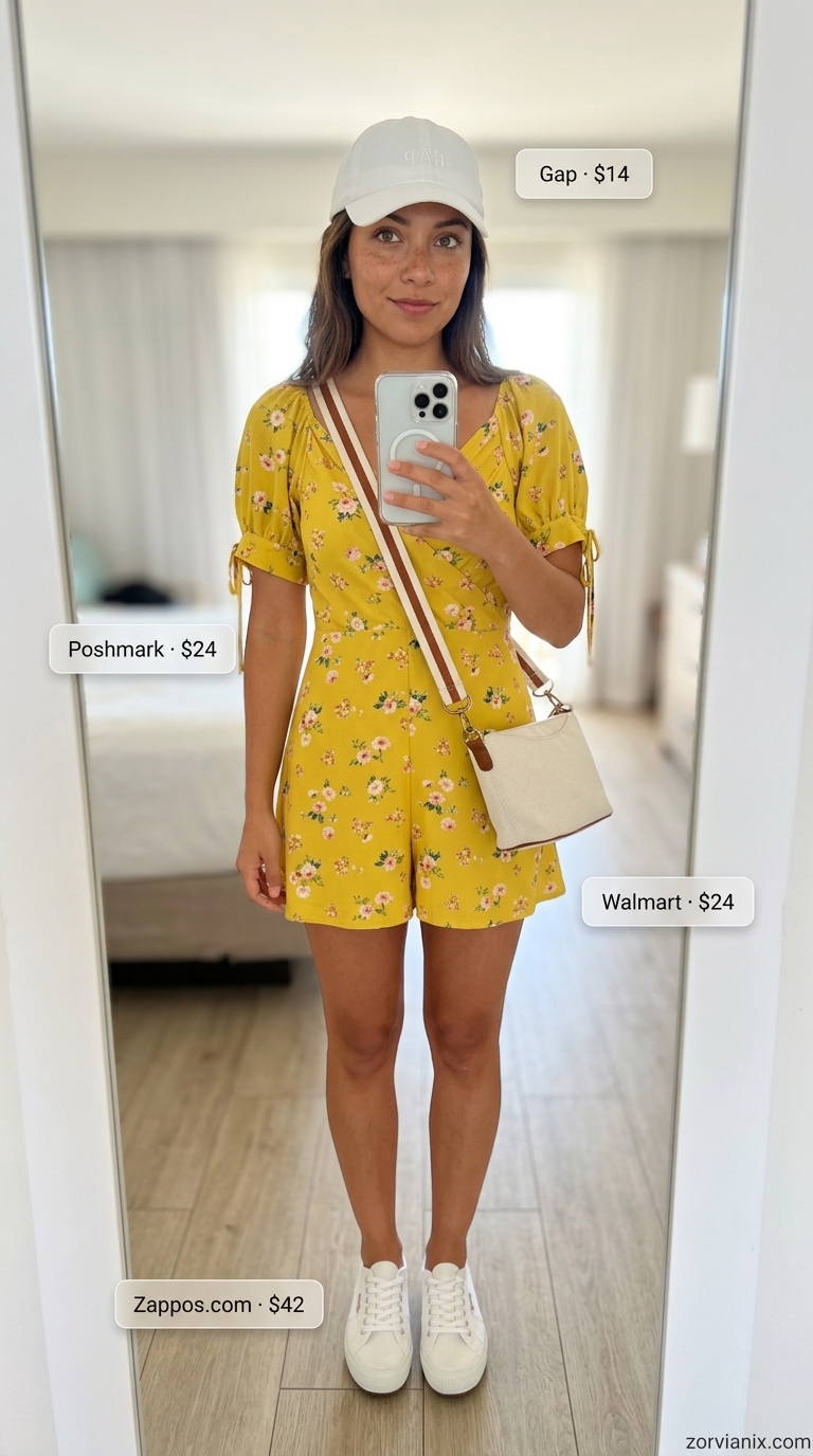 Yellow floral romper, white sneakers, canvas bag for a playful summer beach outfit for women 2026.