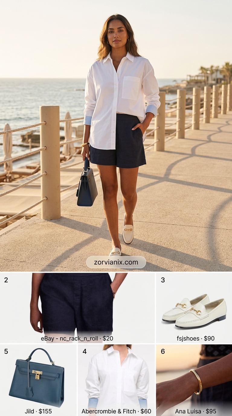 Navy linen shorts, white button-down shirt, leather loafers for a sophisticated summer beach outfit for women 2026.