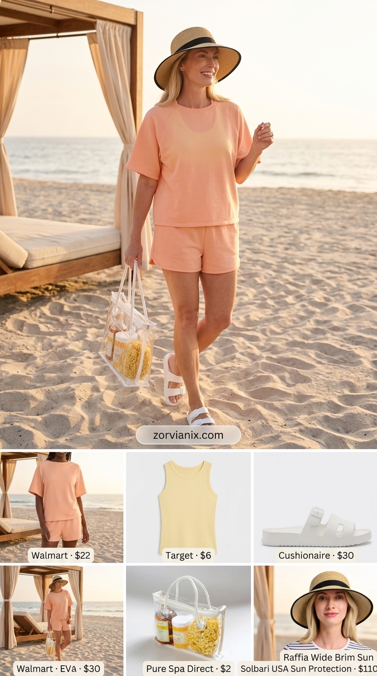 Comfortable soft peach terry cloth matching set, tank, slides & straw hat for a summer beach outfit for women 2026.