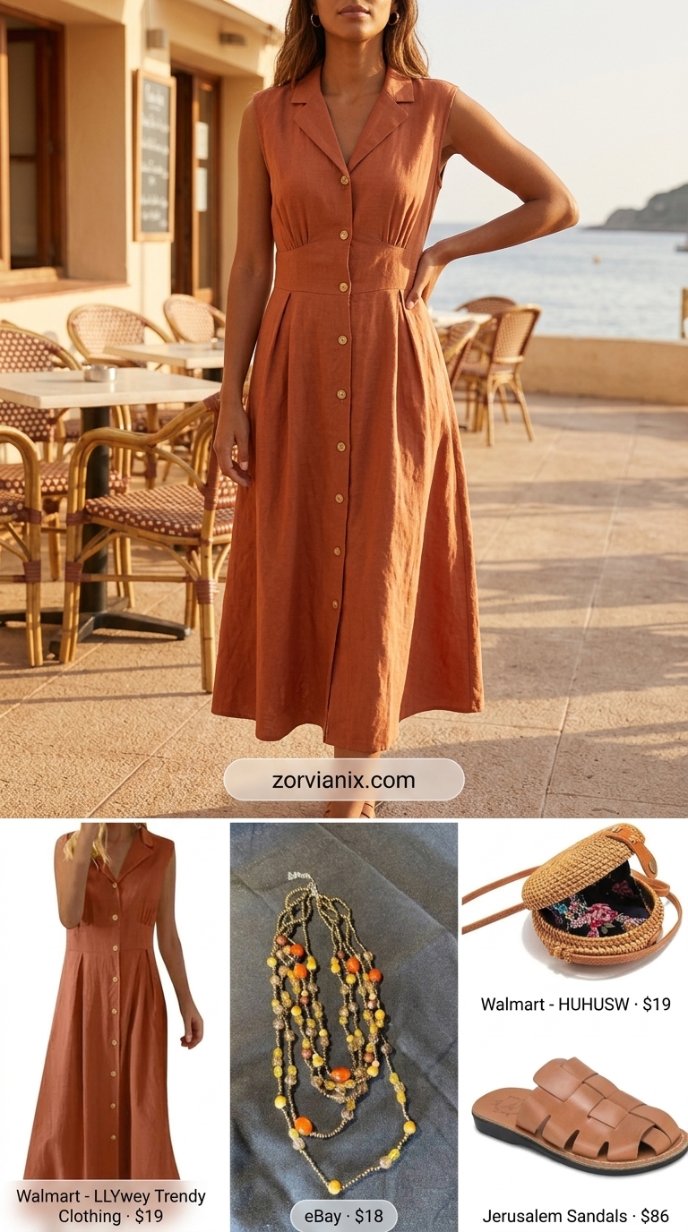 Terracotta linen dress, tan slides, straw bag for a boho summer beach outfit for women 2026.