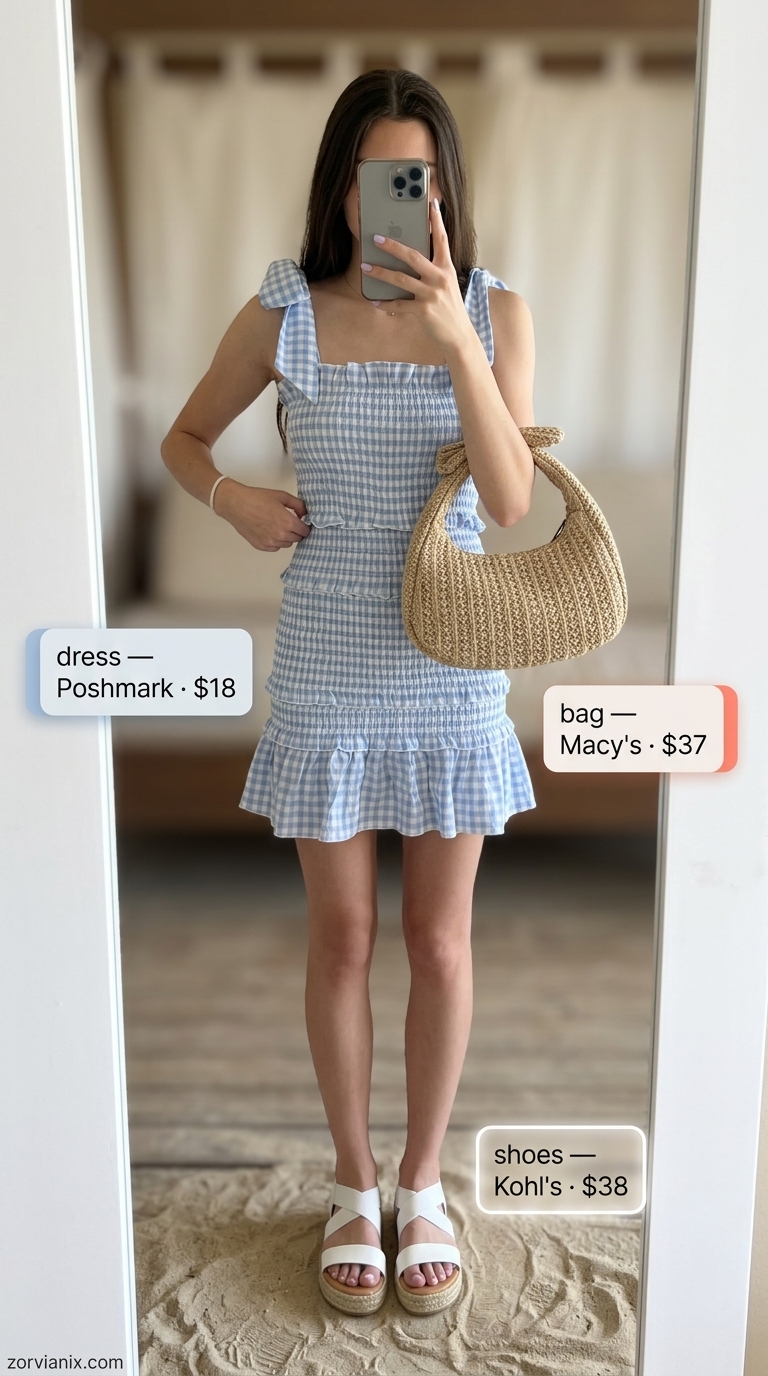 Blue gingham sundress, espadrilles, wicker bag for a cheerful summer beach outfit for women 2026.