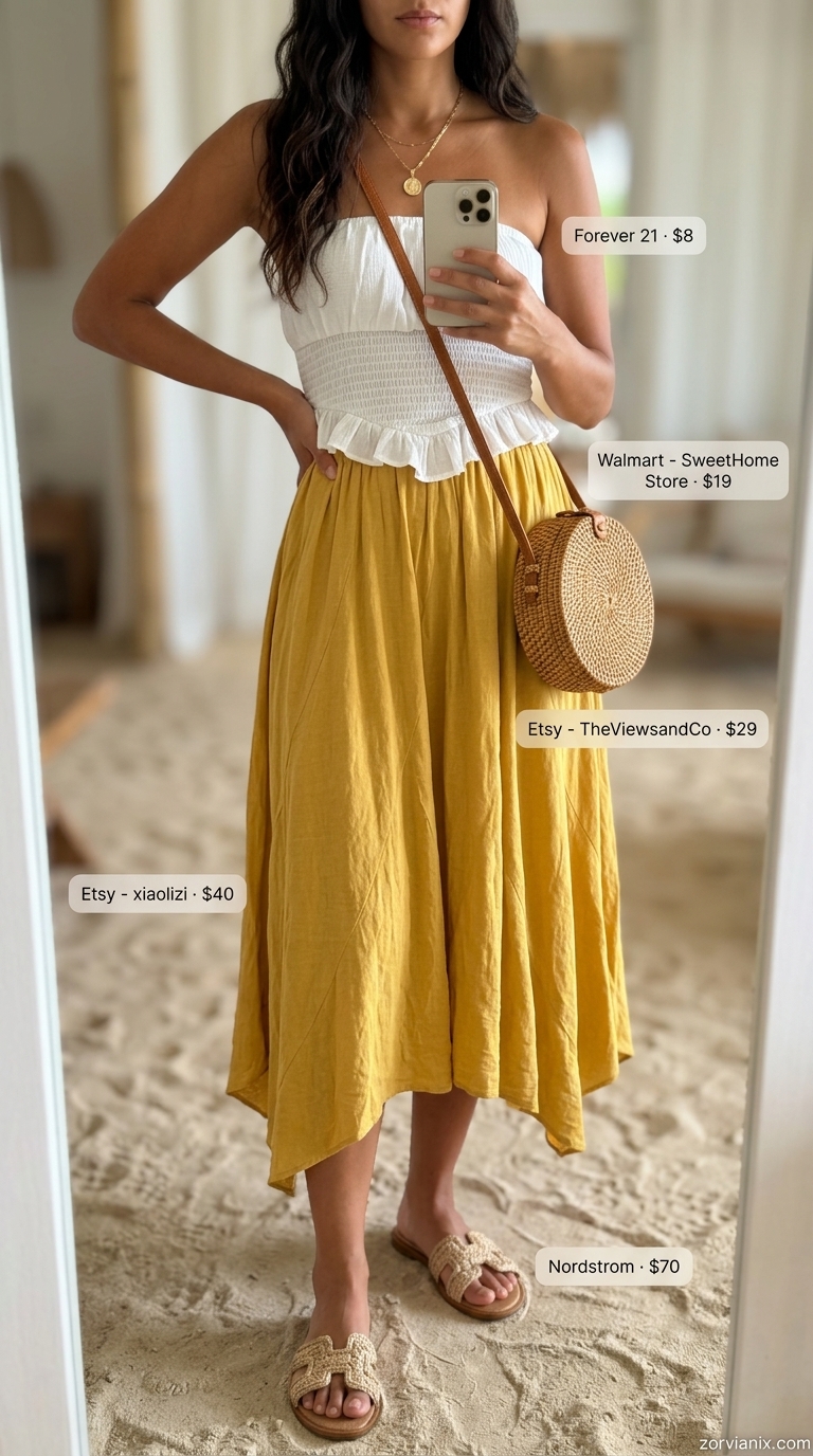 Yellow linen skirt, white tube top, woven bag for a playful summer beach outfit for women 2026.