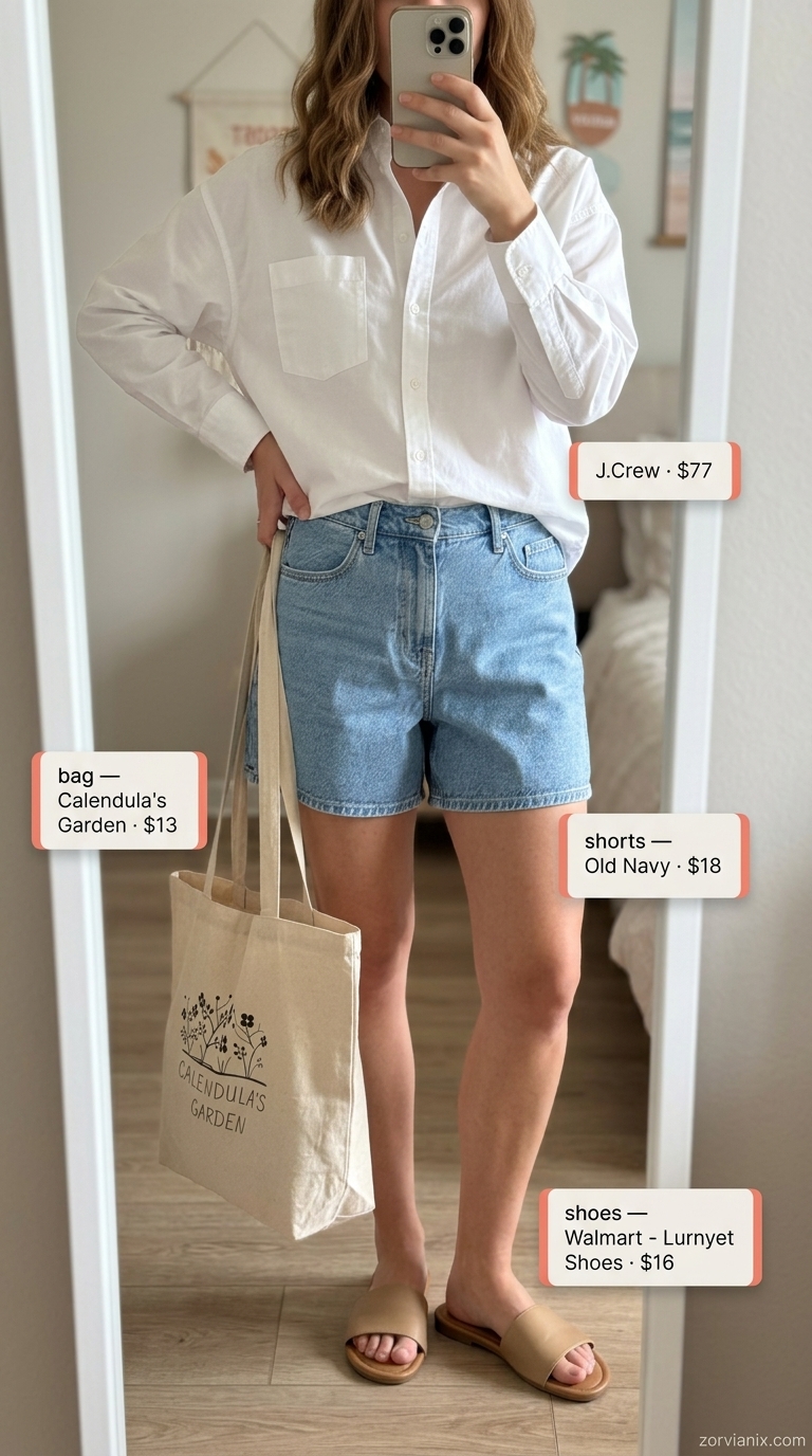 Effortless light wash denim shorts, white tank, oversized shirt & canvas tote for a summer beach outfit for women 2026.