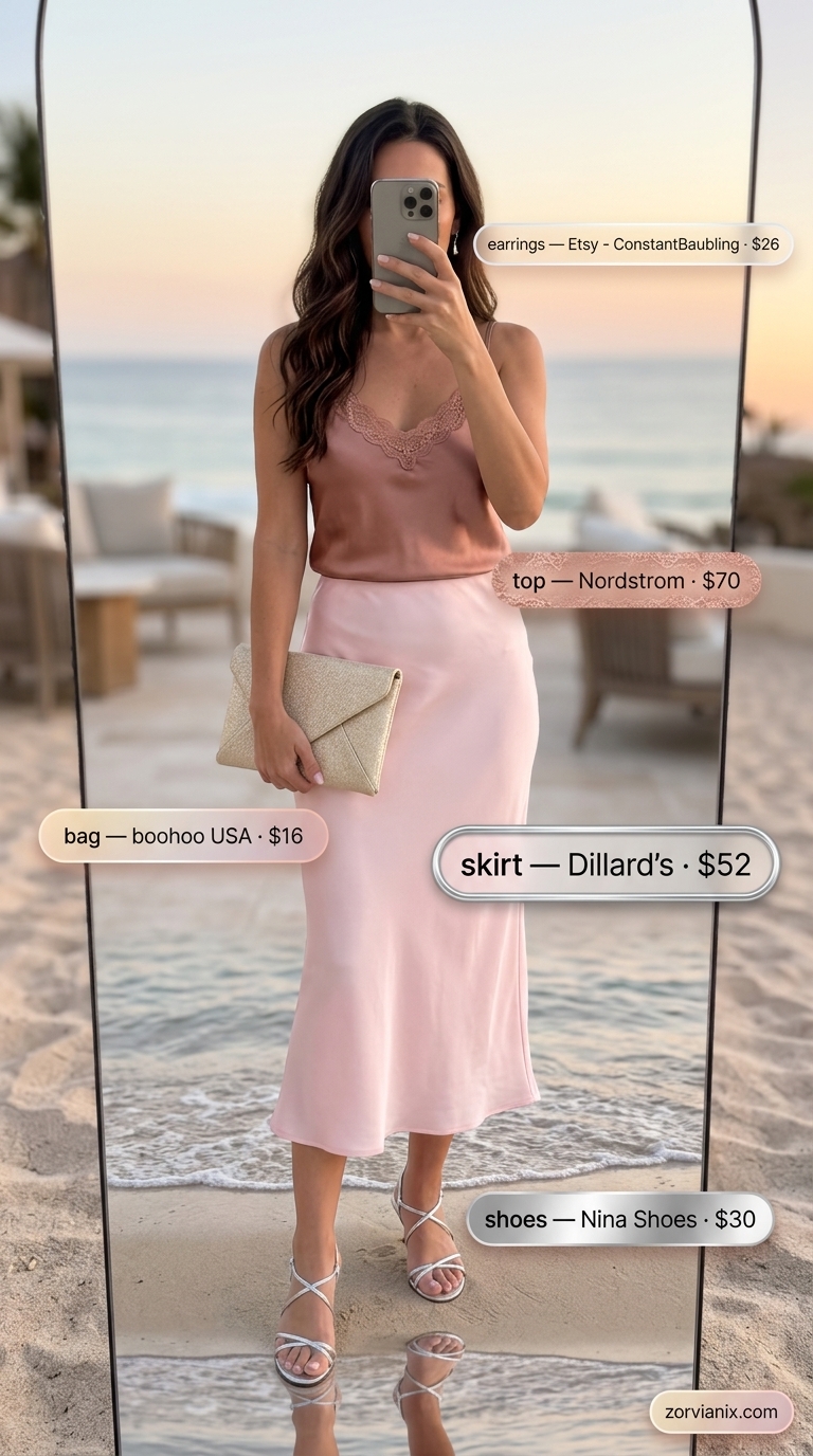 Dusty rose satin skirt, cream camisole, silver sandals for a romantic summer beach outfit for women 2026.