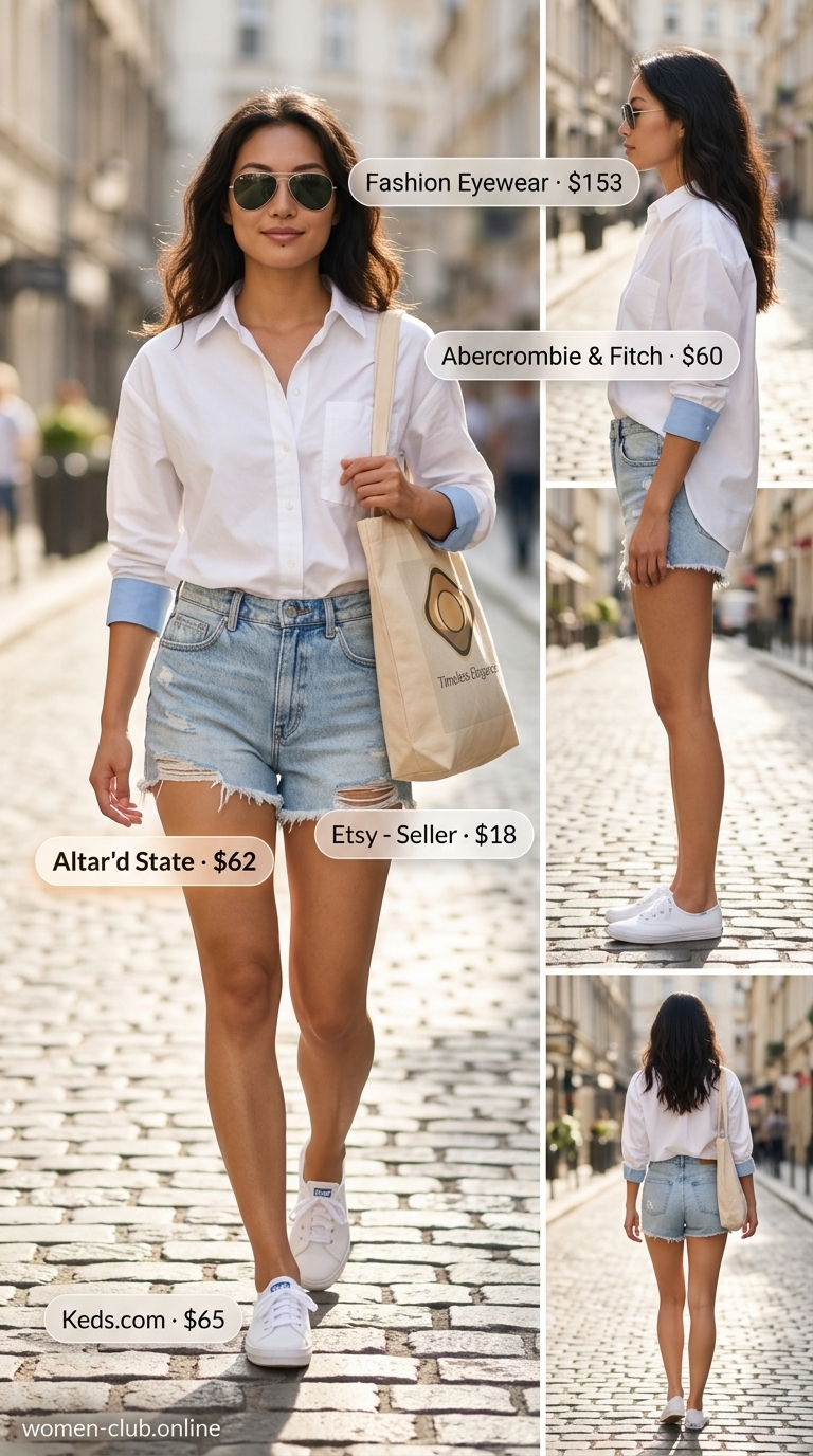 Comfy stretchy summer outfits for women 2026: White oversized shirt, denim shorts, canvas tote for city exploration.