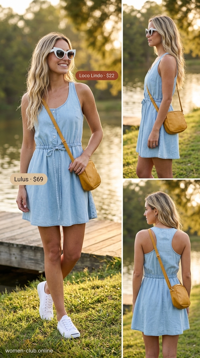 Comfy stretchy summer outfits for women 2026: Sky blue mini dress, white sneakers, yellow crossbody for a playful vibe.