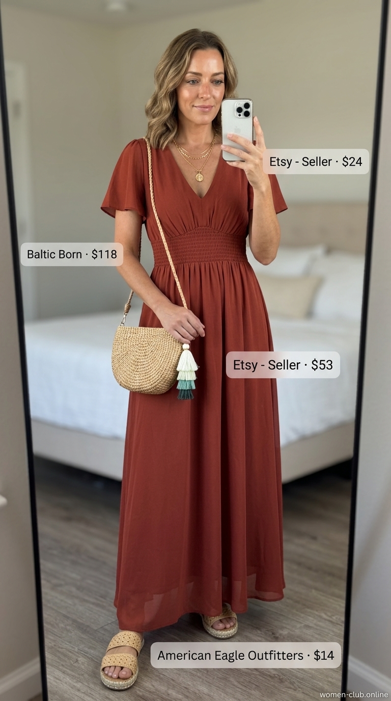 Comfy stretchy summer outfits for women 2026: Terracotta maxi dress, espadrilles, straw bag, layered gold necklaces for boho sunset.