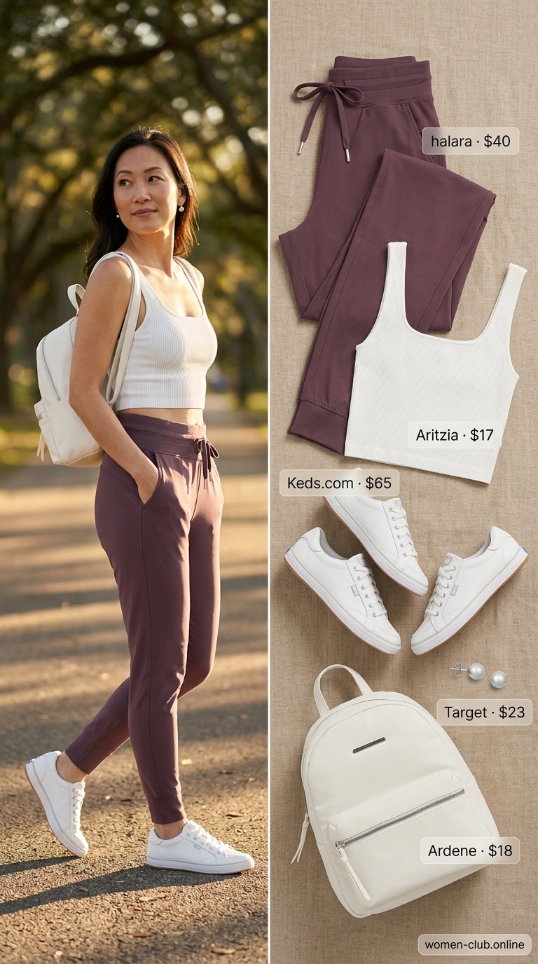 Comfy stretchy summer outfits for women 2026: Lavender joggers, white crop tank, sneakers, mini backpack for lavender lounge style.