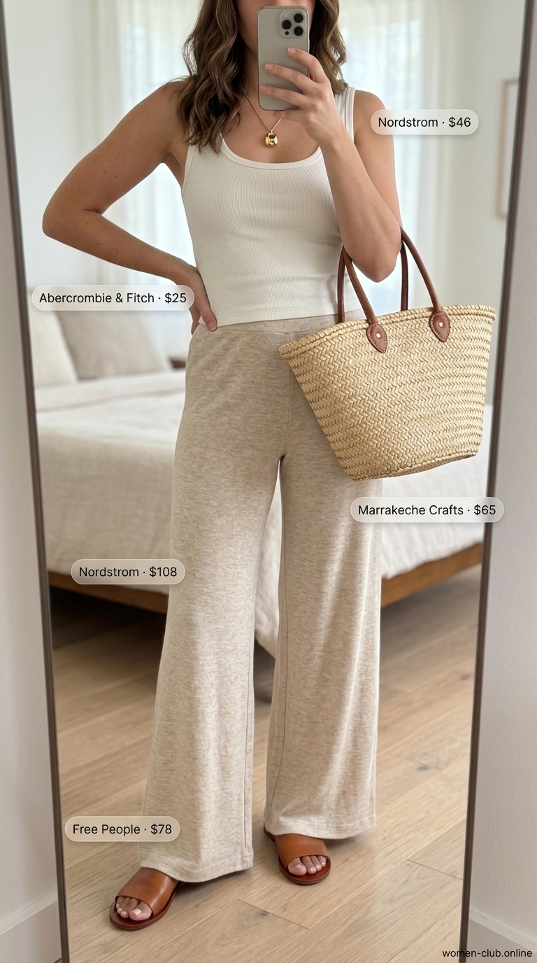 Comfy stretchy summer outfits for women 2026: Wide-leg knit pants, ribbed tank, slide sandals, straw tote for weekend wanderer style.
