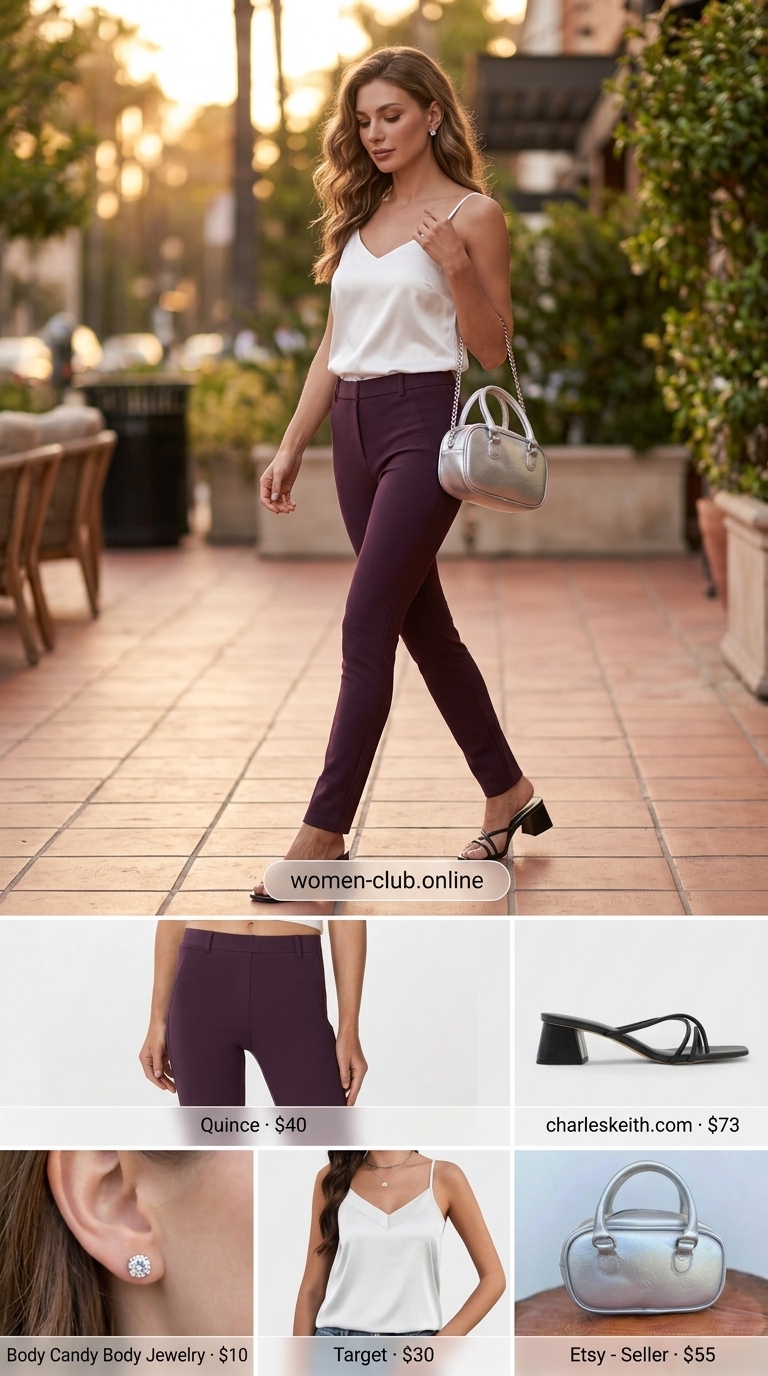 Comfy stretchy summer outfits for women 2026: Lavender trousers, white satin cami, silver sandals for a dreamy evening look.