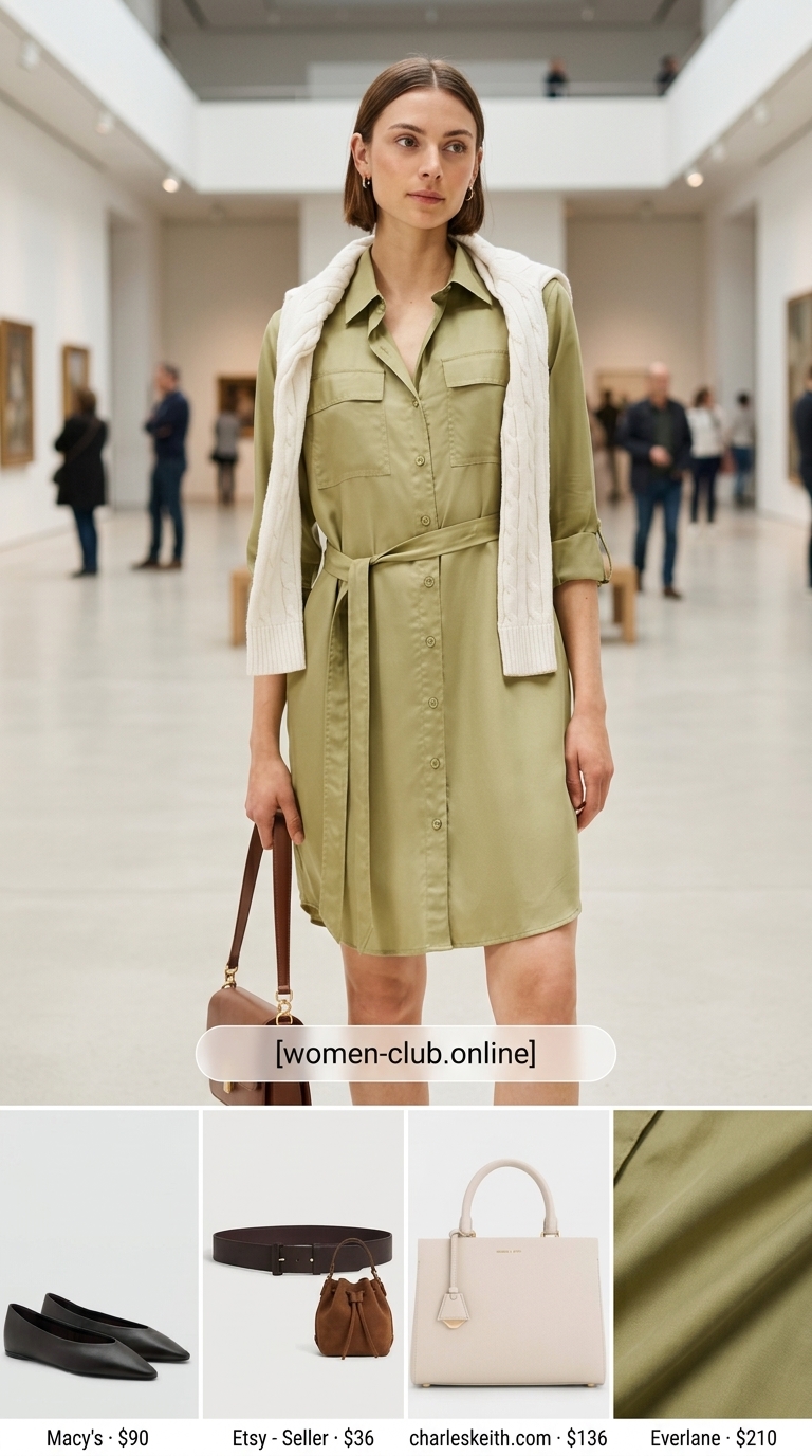 Comfy stretchy summer outfits for women 2026: Olive green shirt dress, cream bag, dark brown loafers for chic office style.
