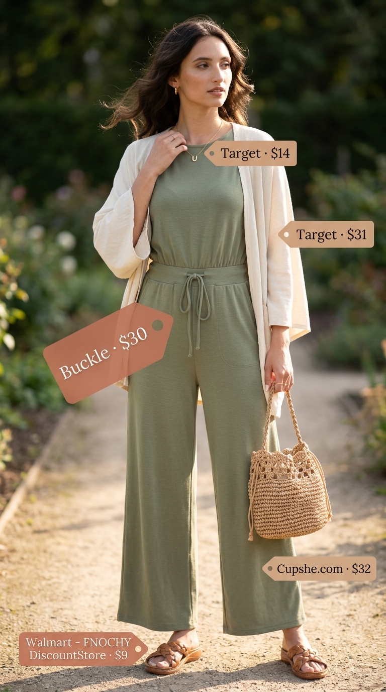 Comfy stretchy summer outfits for women 2026: Sage green jumpsuit with cream cardigan for garden brunch.