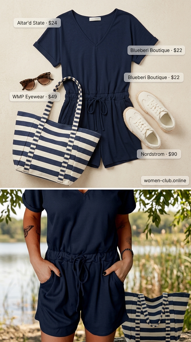 Comfy stretchy summer outfits for women 2026: Navy romper, canvas espadrilles, red bandana, striped tote for lakeside leisure.