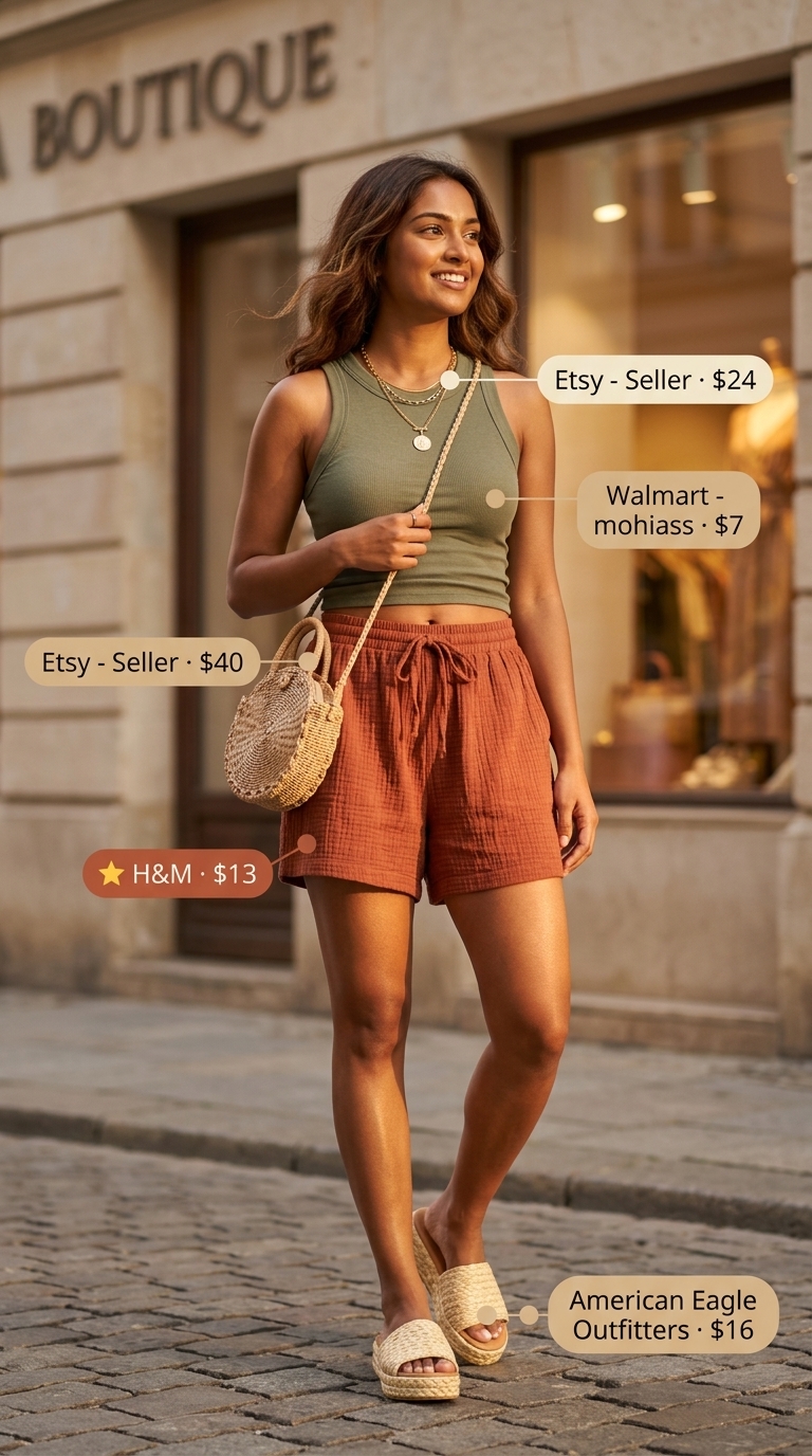 Comfy stretchy summer outfits for women 2026: Terracotta shorts with olive tank for beach lounge.