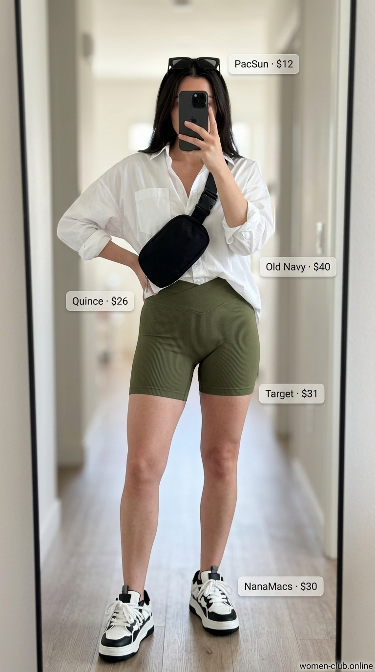Comfy stretchy summer outfits for women 2026: Olive biker shorts, oversized white shirt, belt bag, platform sneakers for urban explorer.