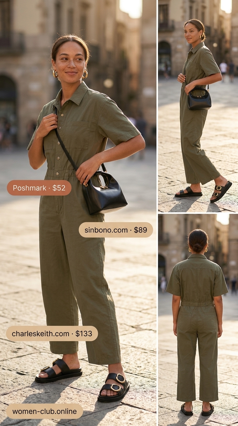 Comfy stretchy summer outfits for women 2026: Khaki utility jumpsuit, black sandals, gold hoops for a chic adventure look.