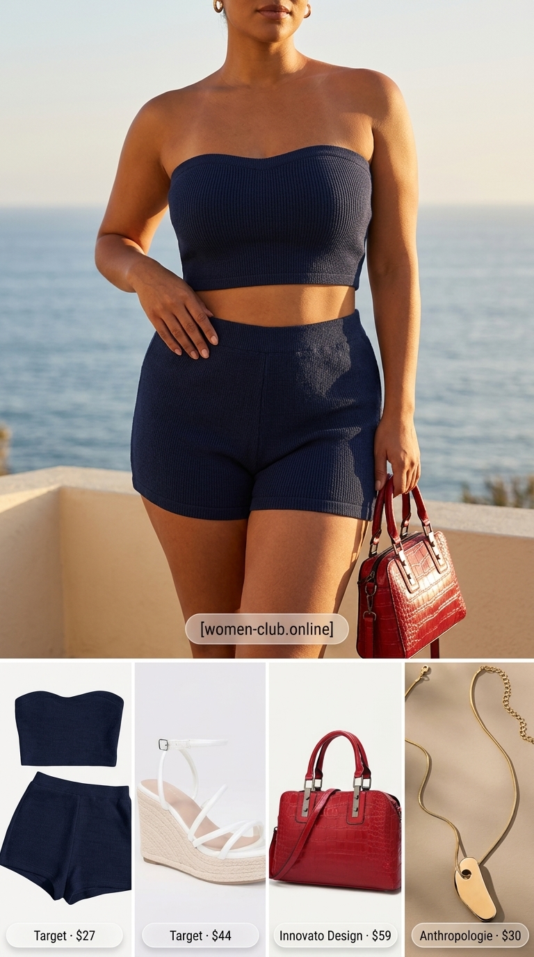 Comfy stretchy summer outfits for women 2026: Navy knit set, espadrille wedges, red bag for chic resort wear.