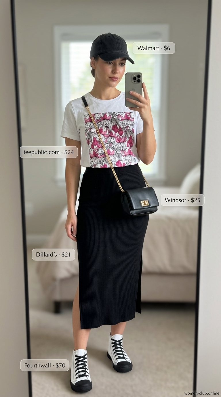 Comfy stretchy summer outfits for women 2026: Black midi skirt, fuchsia graphic tee, canvas sneakers, crossbody bag for urban street style.