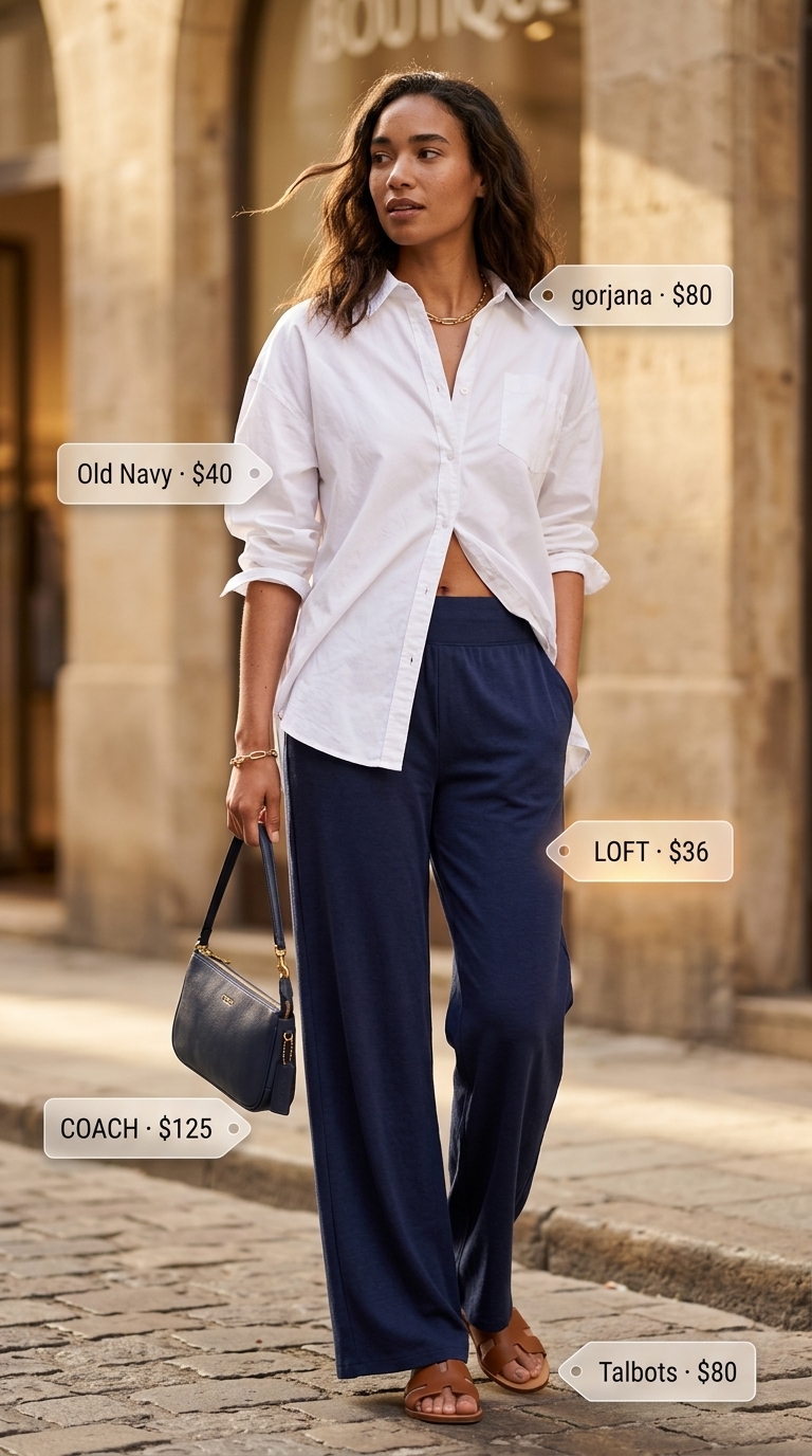 Comfy stretchy summer outfits for women 2026: Navy pants with white shirt for polished Riviera style.