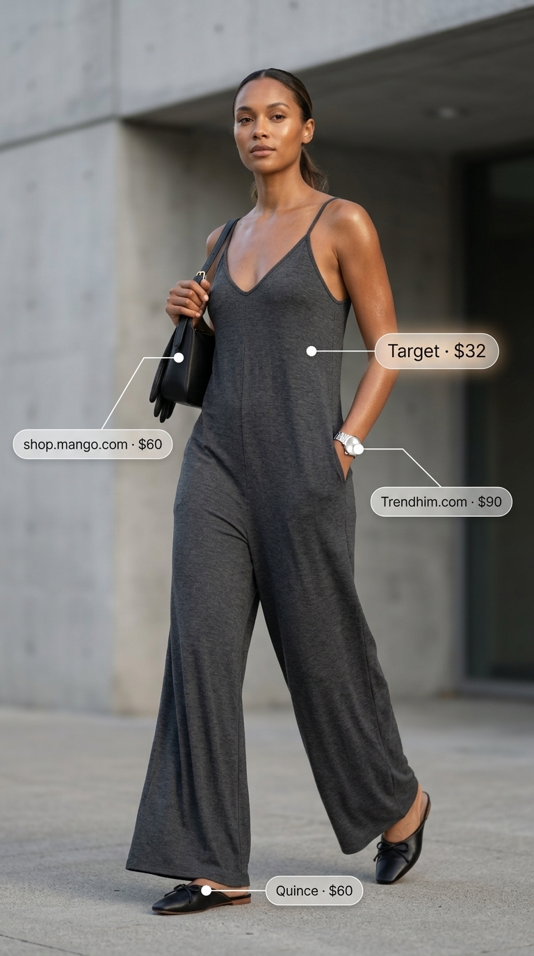 Comfy stretchy summer outfits for women 2026: Charcoal jumpsuit, leather mules, shoulder bag, silver jewelry for effortless jetsetter style.