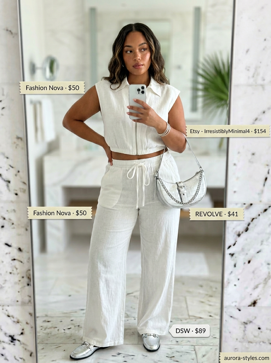 Sophisticated white linen resort outfit for women 2026. Wide-leg trousers, cropped top, silver accessories.