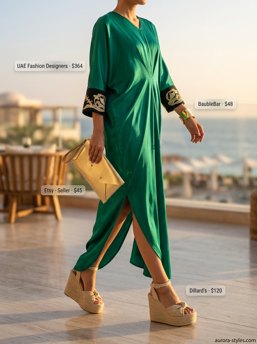 Emerald green silk caftan, gold wedge sandals for summer vacation resort outfits for women 2026.