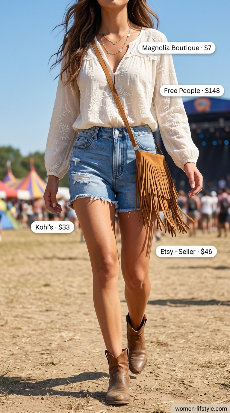 Music Festival Ready: Hot Summer Denim Shorts 2026 Bohemian Desert Siren outfit for a music festival, featuring light indigo hot summer denim shorts for women 2026, a cream sheer peasant blouse, cowboy boots, and layered necklaces.
