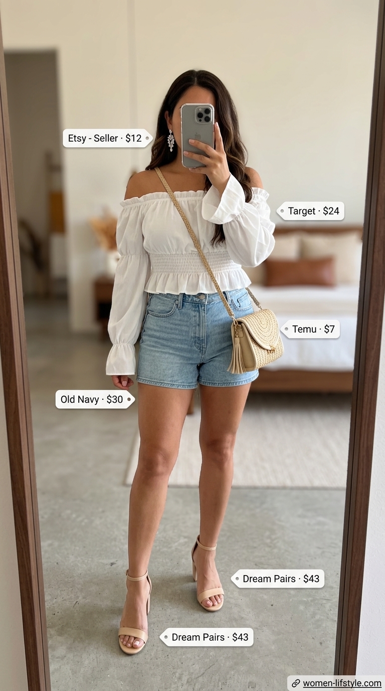 Brunch Sensation: Hot Summer Denim Shorts 2026 Playful Sunday Brunch Sensation outfit with white hot summer denim shorts for women 2026, a coral ruffled crop top, nude block heel sandals, and statement earrings for a cheerful day.