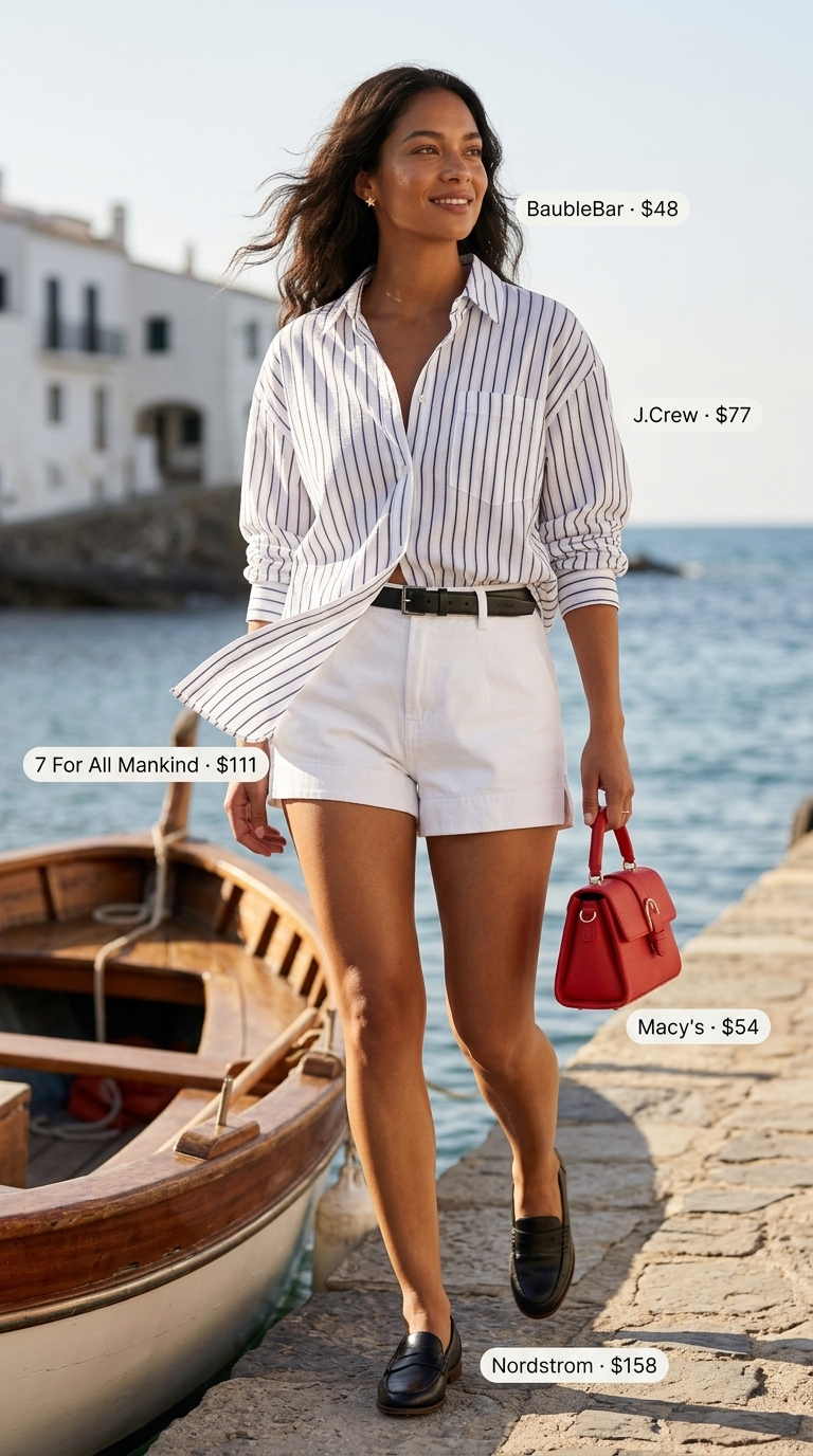 Preppy Summer Date: Hot Summer Denim Shorts 2026 Polished Preppy Summer Date outfit with tailored white hot summer denim shorts for women 2026, a navy and white striped button-down shirt, leather loafers, and a red shoulder bag.