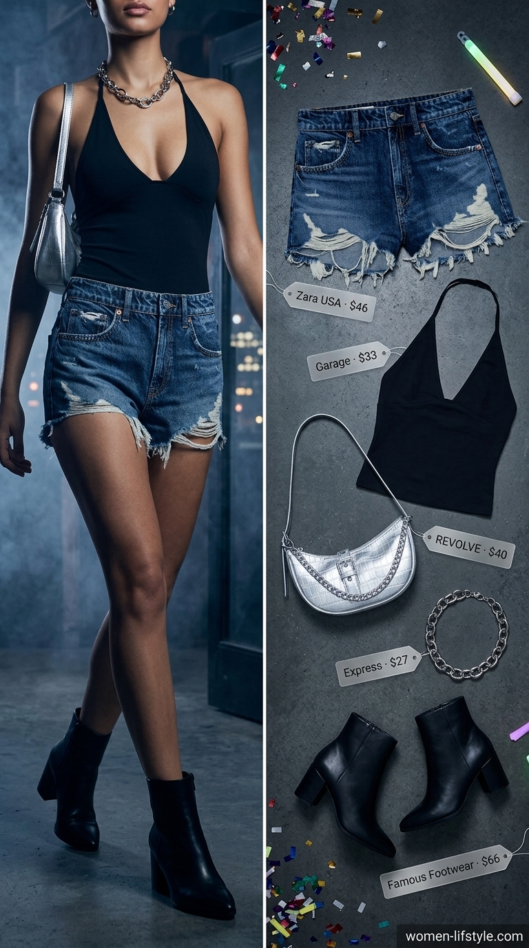 Desert Siren Evening: Hot Summer Denim Shorts Look 2026 An edgy 'Desert Siren Evening' outfit featuring dark wash high-waisted hot summer denim shorts for women 2026, paired with a sleek black backless halter top, silver accessories, and black ankle boots for a night out.