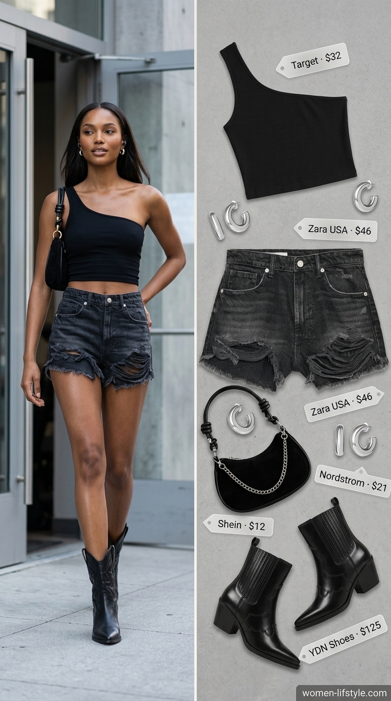 Desert Siren: Edgy Black Denim Shorts Style 2026 An edgy 'Desert Siren' festival outfit featuring washed black distressed hot summer denim shorts for women 2026, a fitted one-shoulder crop top, western-inspired ankle boots, and silver hoop earrings.