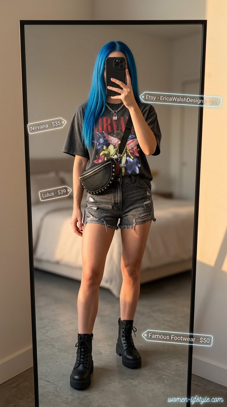 Festival Fling: Distressed Denim Shorts Outfits 2026 A rebellious 'Festival Fling' outfit with washed black distressed hot summer denim shorts for women 2026, a vintage band t-shirt, chunky platform combat boots, and a studded crossbody bag, perfect for a concert.