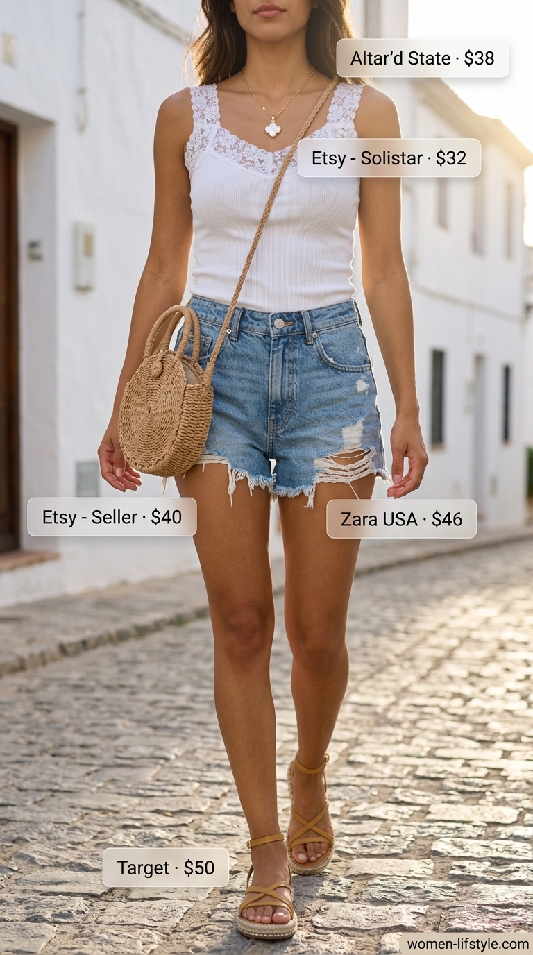 Coastal Charm: Hot Summer Denim Shorts 2026 Relaxed Coastal Charm outfit with light blue hot summer denim shorts for women 2026, a delicate white lace camisole, espadrille sandals, and a round straw bag for a fresh beach look.