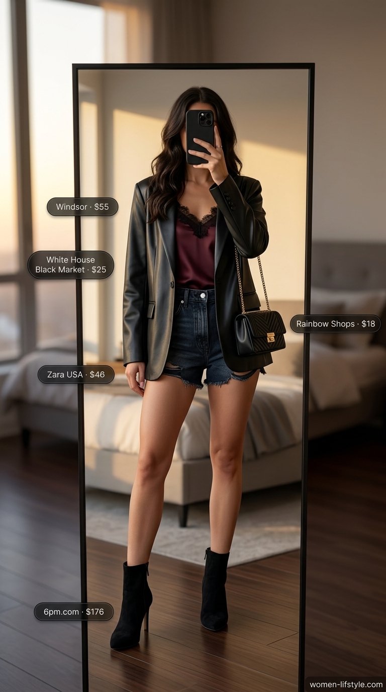 Midnight Rendezvous: Black Denim Shorts Style 2026 An edgy and romantic 'Midnight Rendezvous' outfit featuring black distressed hot summer denim shorts for women 2026, layered with an oversized faux leather blazer, a burgundy lace camisole, and heeled ankle boots.