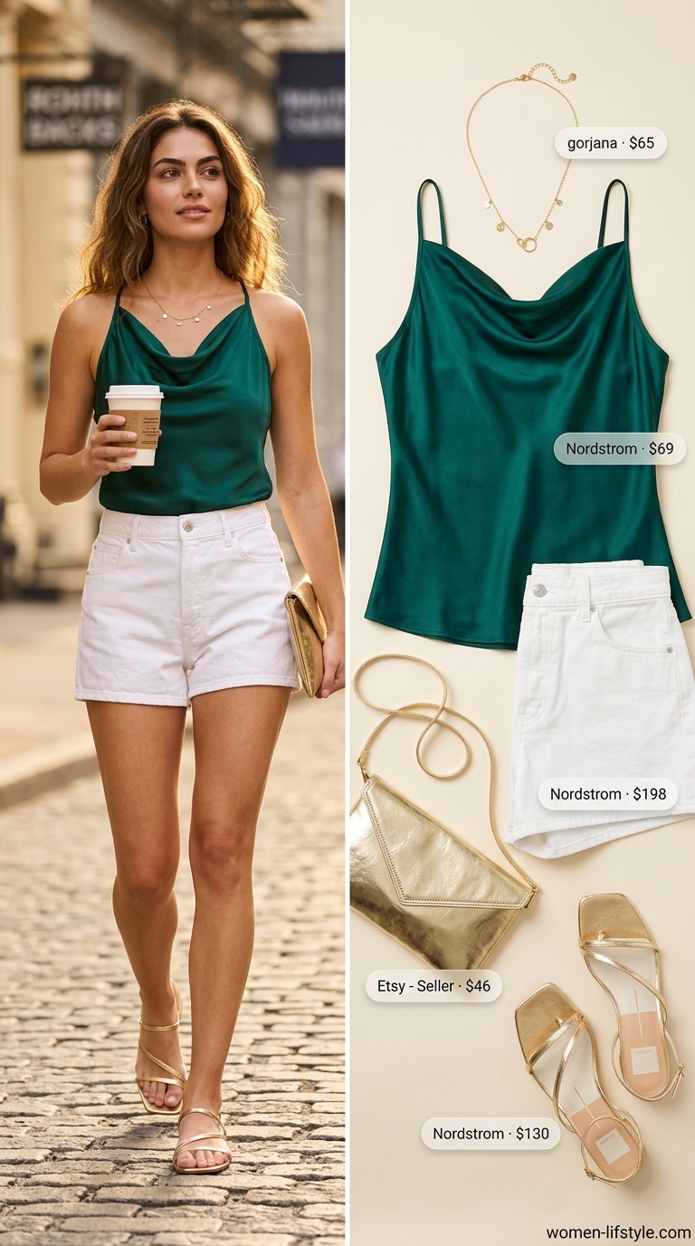 Glamorous Resort Dinner: Hot Summer Denim Shorts 2026 Glamorous resort dinner outfit featuring crisp white hot summer denim shorts for women 2026, emerald green camisole, gold sandals, and a matching clutch for a chic vacation look.