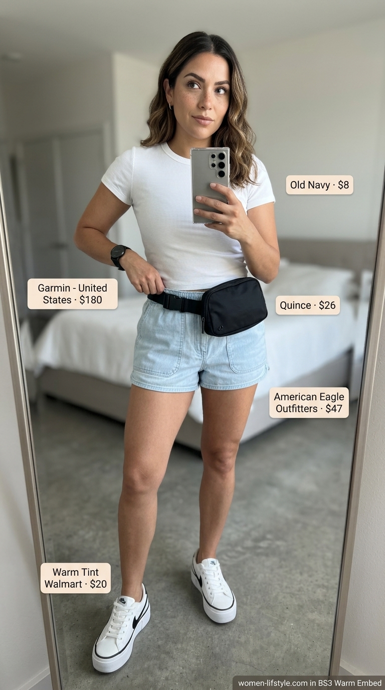 Athleisure Allure: Hot Summer Denim Shorts 2026 Trend An athleisure attire featuring light blue hot summer denim shorts for women 2026 with an elastic waist, a heather grey ribbed crop top, and chunky white platform sneakers, ideal for errands.