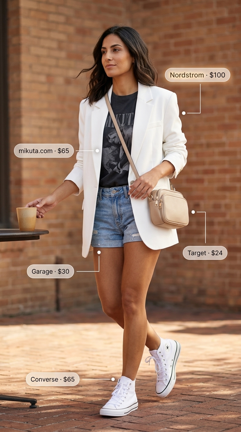 Urban Explorer: Hot Summer Denim Shorts 2026 Street Style An urban explorer style with light wash cuffed hot summer denim shorts for women 2026, an oversized black blazer, a graphic band tee, and classic white low-top sneakers, suitable for city sightseeing.