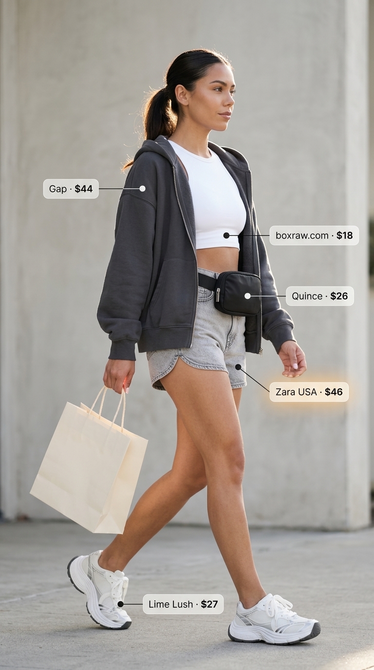 Sporty Chic: Hot Summer Denim Shorts 2026 Outfit A sporty chic ensemble pairing black high-rise raw hem hot summer denim shorts for women 2026 with a charcoal grey athletic crop top, an oversized grey hoodie, and chunky white sneakers for active errands.