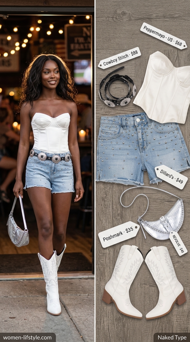 Rodeo Queen Night Out: Studded Denim Shorts 2026 A bold 'Rodeo Queen Night Out' outfit featuring medium wash hot summer denim shorts for women 2026 with stud embellishments, a white corset top, white cowboy boots, and a silver concho belt for a country concert.