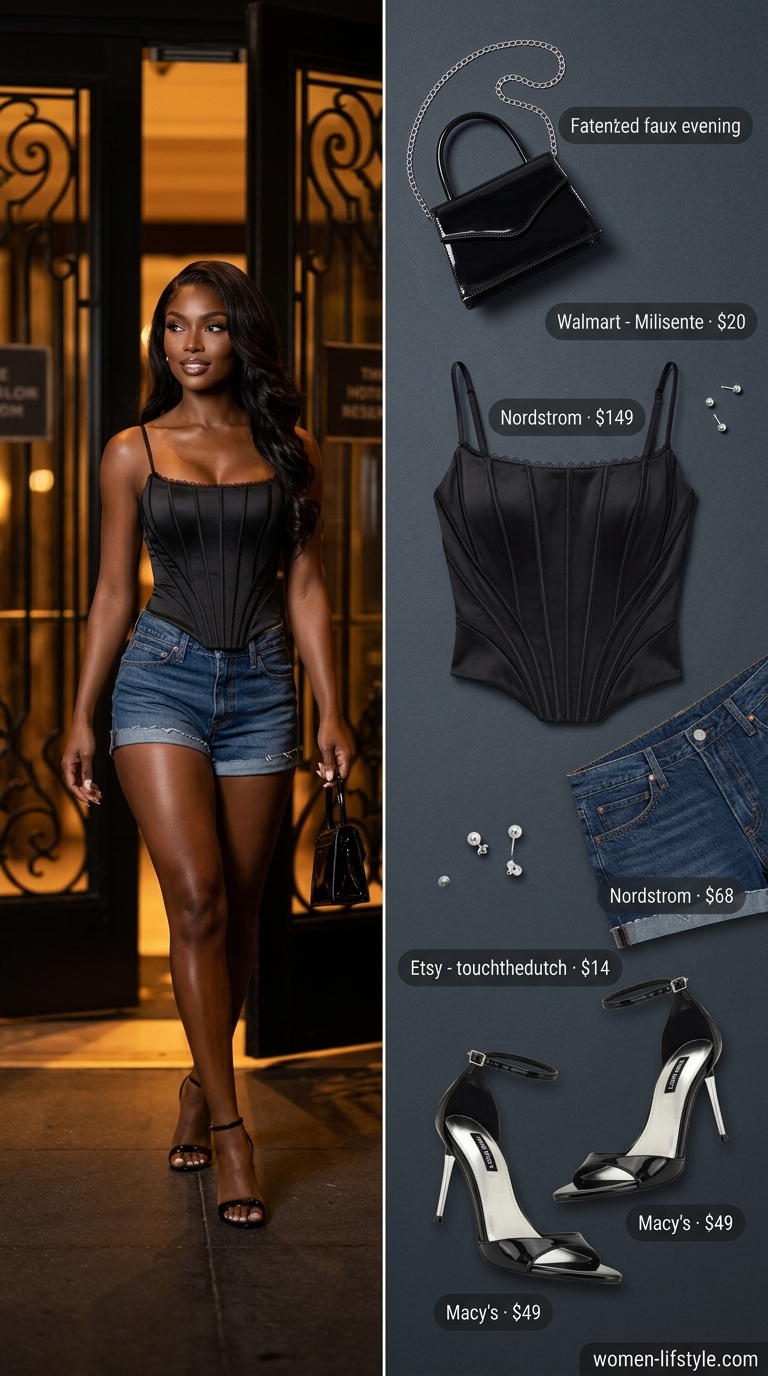 Monochrome Night Out: Hot Summer Denim Shorts 2026 Glam A sleek black satin bustier top paired with black wash cuffed hot summer denim shorts for women 2026, black strappy high heels, and a small black clutch for a monochrome night out.