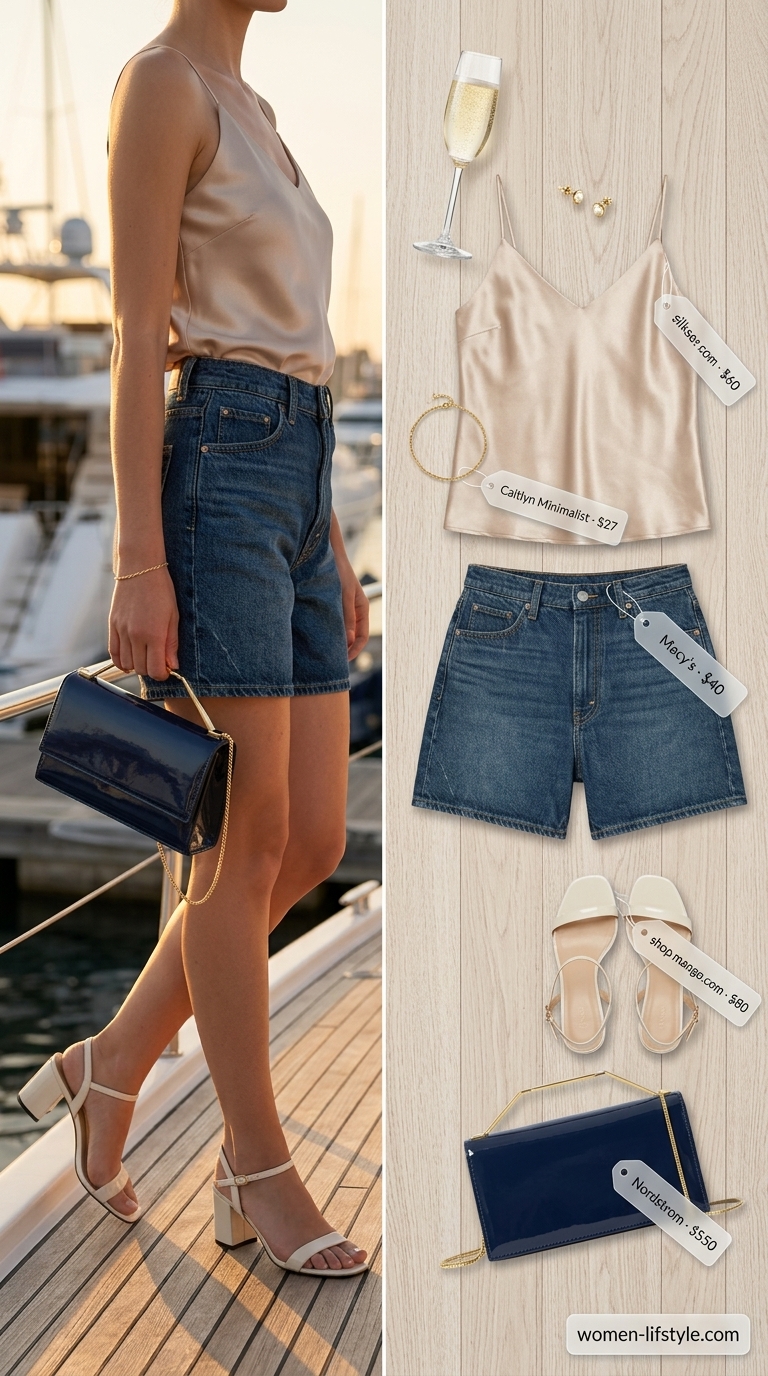 Sunset Cruise Chic: Hot Summer Denim Shorts Ideas 2026 A sophisticated 'Sunset Cruise Chic' outfit featuring tailored dark wash hot summer denim shorts for women 2026, a champagne silk camisole, gold strappy heels, and a black clutch, perfect for an upscale casual dinner or cocktail hour.
