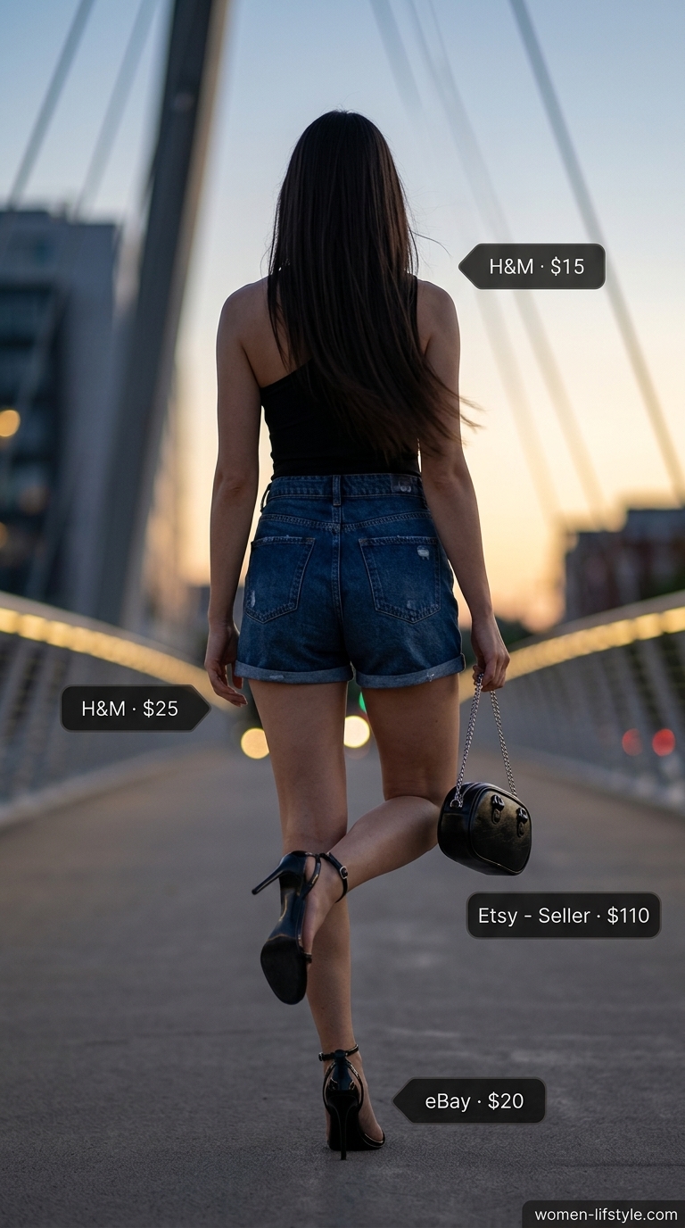 Sultry Night Out: Hot Summer Denim Shorts 2026 Sultry Urban Heatwave outfit with dark indigo hot summer denim shorts for women 2026, a sleek black one-shoulder bodysuit, silver hoops, and patent leather stilettos for a night out.