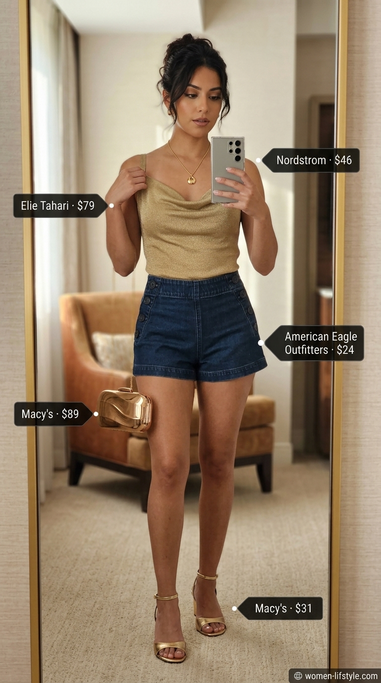 Glamorous Vacation Dinner: Hot Summer Denim Shorts 2026 A woman wears dark blue hot summer denim shorts for women 2026, paired with a shimmering bronze knit camisole, gold metallic wedge sandals, and a delicate gold pendant necklace for a glamorous vacation dinner.