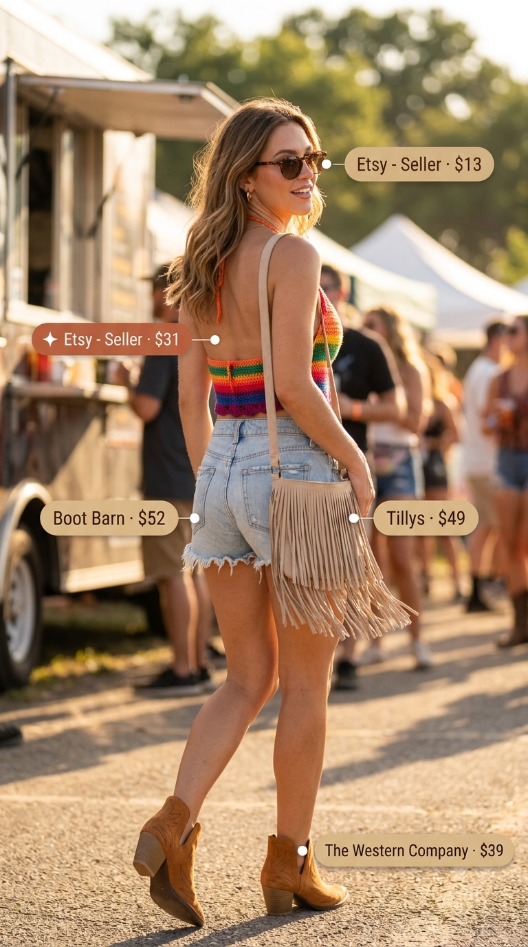 Festival Flirt Look: Hot Summer Denim Shorts 2026 Boho Festival Flirt outfit with faded light blue distressed hot summer denim shorts for women 2026, a multi-color crochet halter top, suede Western boots, and retro sunglasses.