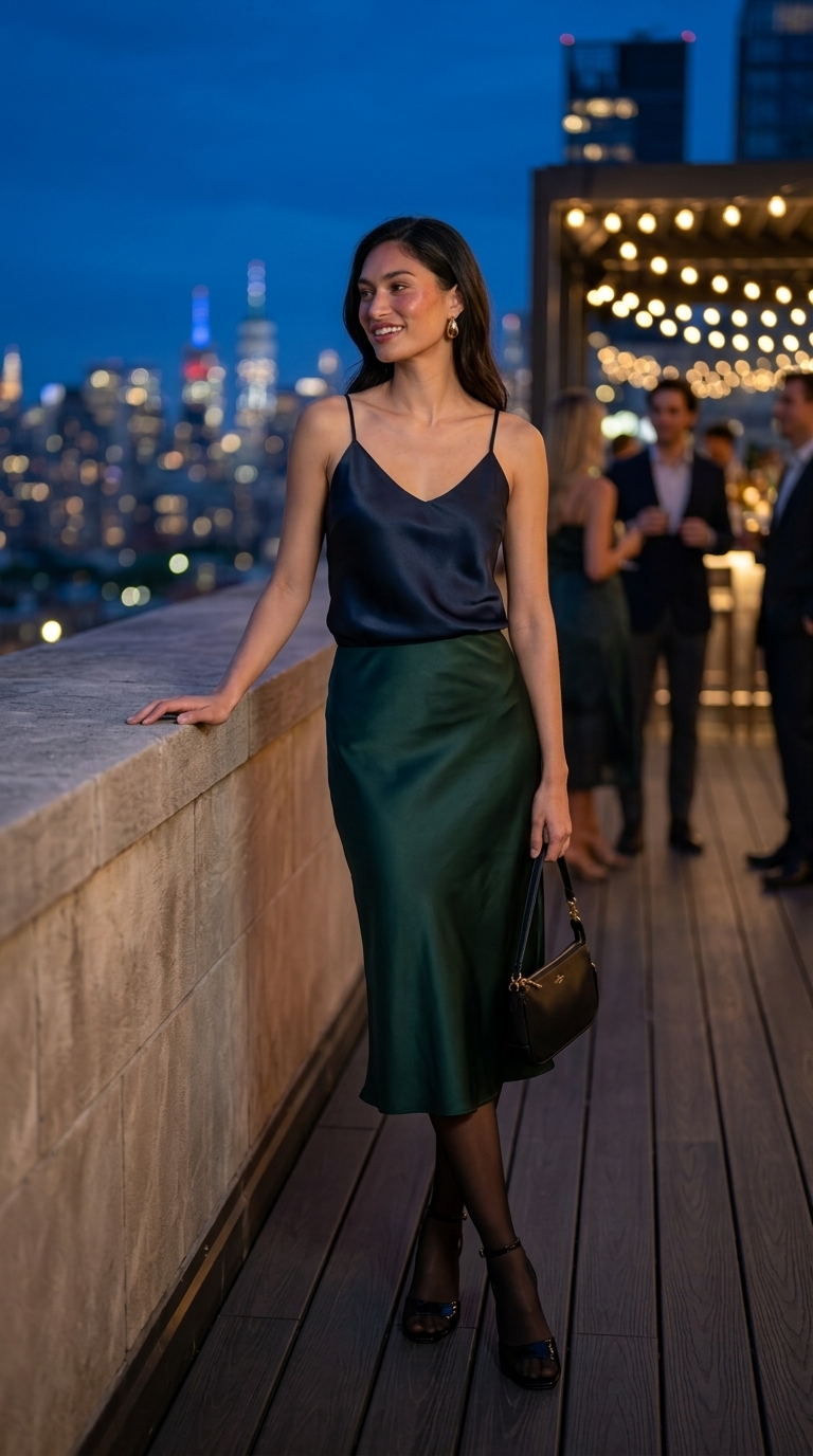 Chic emerald green satin midi skirt outfit for summer 2026 date nights. Paired with a black camisole, gold hoops, and strappy heels, perfect for rooftop cocktails.