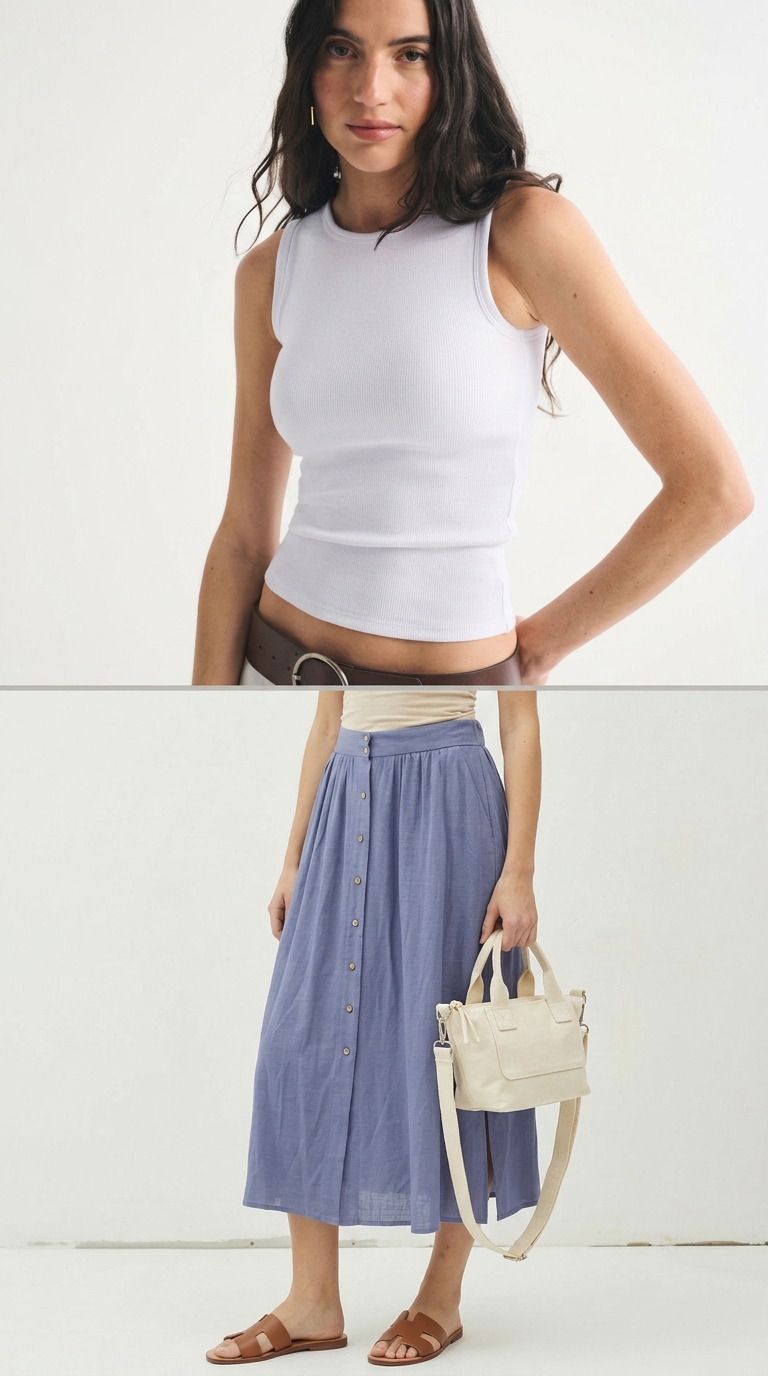 Breezy summer midi skirt outfit 2026 for coastal days. Features a sky blue linen button-front midi skirt, white tank, and leather slides.
