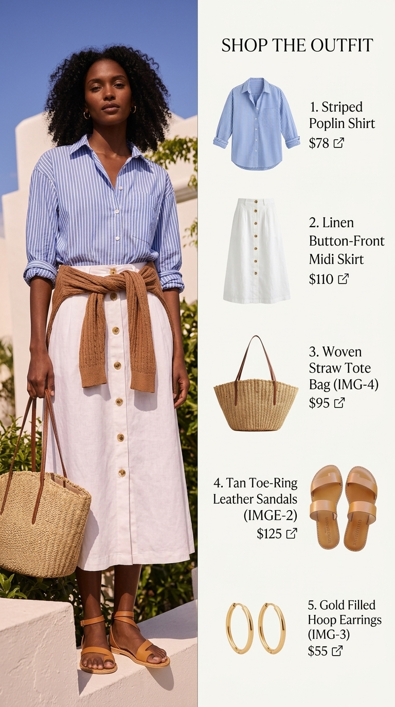White linen midi skirt, sky blue striped shirt, straw tote, and flat sandals for a relaxed seaside look. Effortlessly fresh summer midi skirt outfits 2026.
