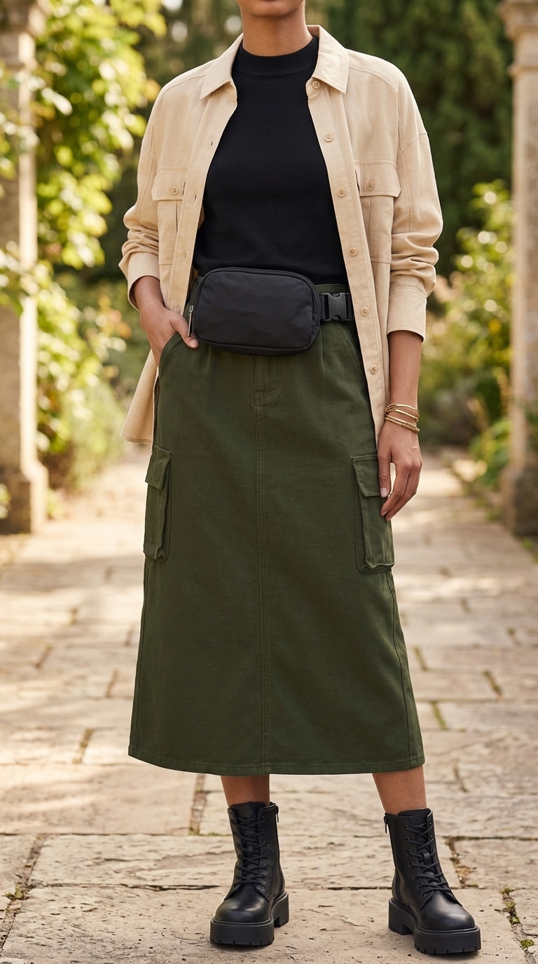 Olive green utility midi skirt, black mock neck top, open khaki shirt, combat boots, and belt bag for edgy street style. A modern take on summer midi skirt outfits 2026 perfect for casual Fridays.