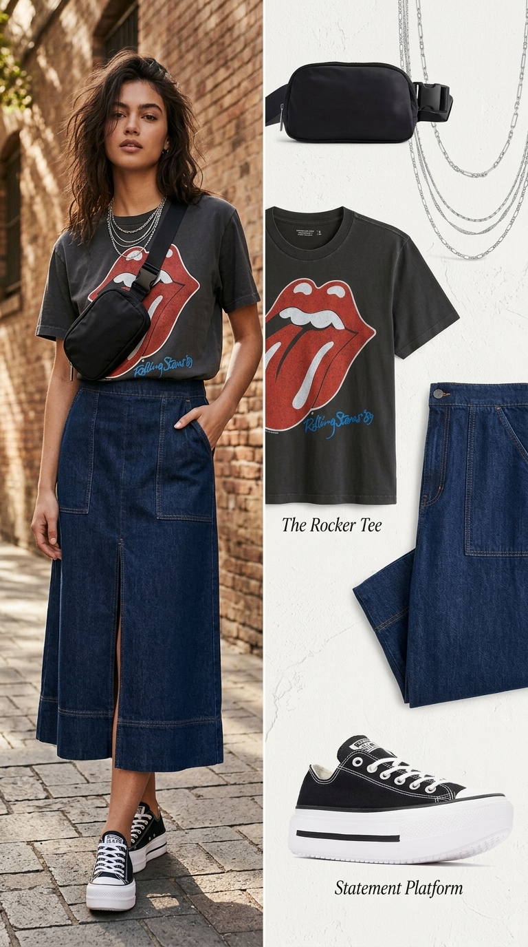 Dark denim midi skirt, vintage graphic band tee, platform sneakers, and a belt bag for an edgy downtown look. Cool summer midi skirt outfits 2026.